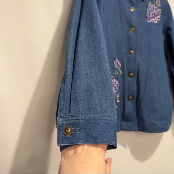 Vintage 90s Floral Embroidered Sequin Denim Jean Jacket & Pants Set, 12 Petite - Picture 4 of 16